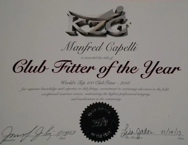 Urkunde von KZG: Manfred Capelli, Club Fitter of the Year, World’s Top 100 Club Fitter 2013